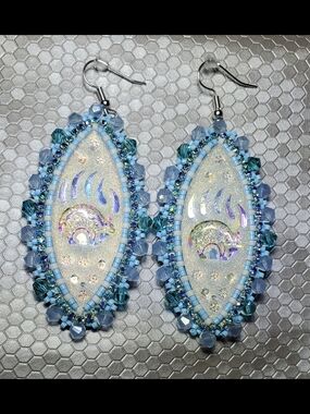 Handmade Iridescent Light Blue And White Bear Motif Beaded Earrings